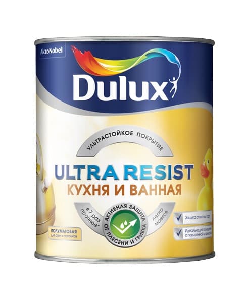 DULUX ULTRA RESIST КУХНЯ И ВАННАЯ краска с защитой от плесени и грибка, матовая, база BW (1л)