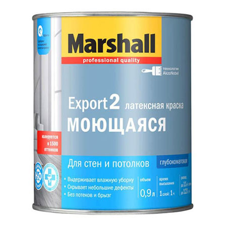 MARSHALL EXPORT 2 МОЮЩАЯСЯ краска латексная, для стен и потолков, глубокоматовая, база BW (0,9л)