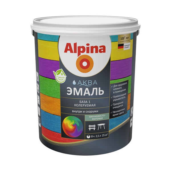 ЭМАЛЬ АКРИЛОВАЯ Alpina Аква, шелковисто-матовая, база 1, белая, 2,5 л