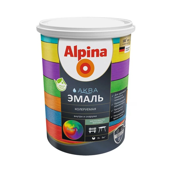 ЭМАЛЬ АКРИЛОВАЯ Alpina Аква, шелковисто-матовая, база 3, бесцветная, 2,35 л