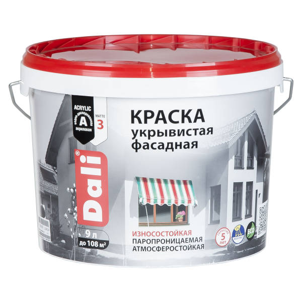 Краска фасадная укрывистая Dali, акриловая, глубокоматовая, белая, 9 л