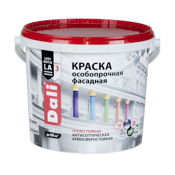Краска фасадная особопрочная Dali, акриловая, глубокоматовая, база C, бесцветная, 5 л