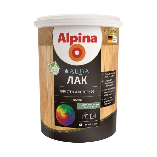 Лак для стен и потолков Alpina Аква, акриловый, шелковисто-матовый, 0,9 л
