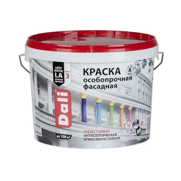 Краска фасадная особопрочная Dali, акриловая, глубокоматовая, база A, супербелая, 9 л