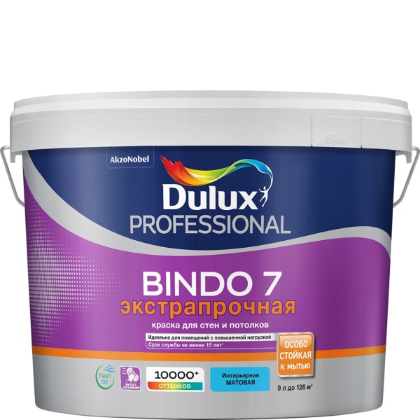 DULUX BINDO 7 ЭКСТРАПРОЧНАЯ краска для стен и потолков, матовая, база BW (9л) 11,8 кг