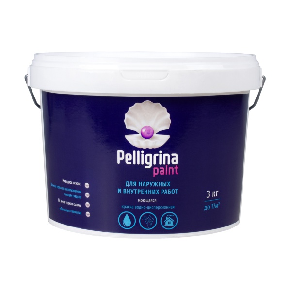 Краска моющаяся для наружных и внутренних работ Pelligrina Paint, акриловая, белоснежная, 3 кг