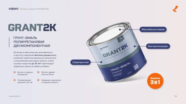 Грунт-эмаль полиуретановая УР-2К ИП 222 GRANT 2K ПОЛУГЛЯНЦЕВАЯ Hard Max PRO (комплект 2,19кг) RAL