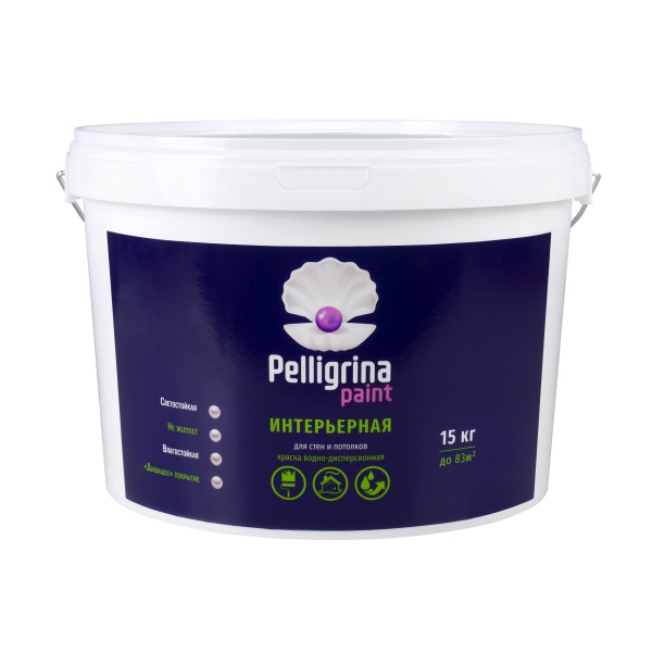 Краска интерьерная для стен и потолков Pelligrina Paint, акриловая, белоснежная, 15 кг