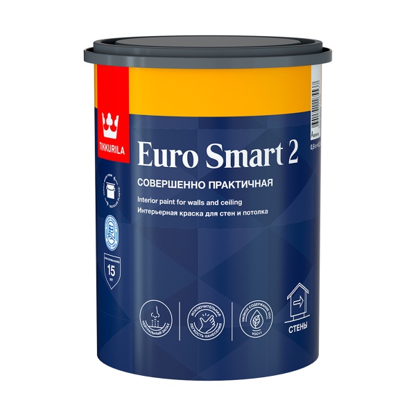 Краска моющаяся для стен и потолков Euro Smart-2 (Евро-2) TIKKURILA 0,9л белый (база А)