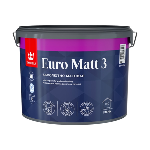 Краска интерьерная Euro Matt-3 (Евро-3) TIKKURILA 9л бесцветный (база С)