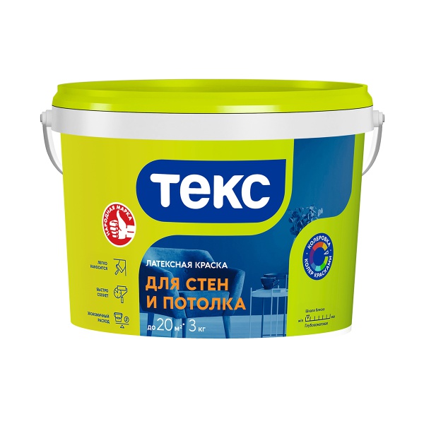 Краска для стен и потолков латексная Текс, глубокоматовая, белая, 3 кг