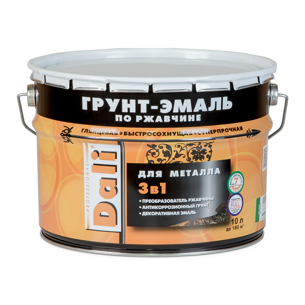 Грунт-эмаль по ржавчине Dali 3 в 1, глянцевая, 10 л, серебристый алюминий
