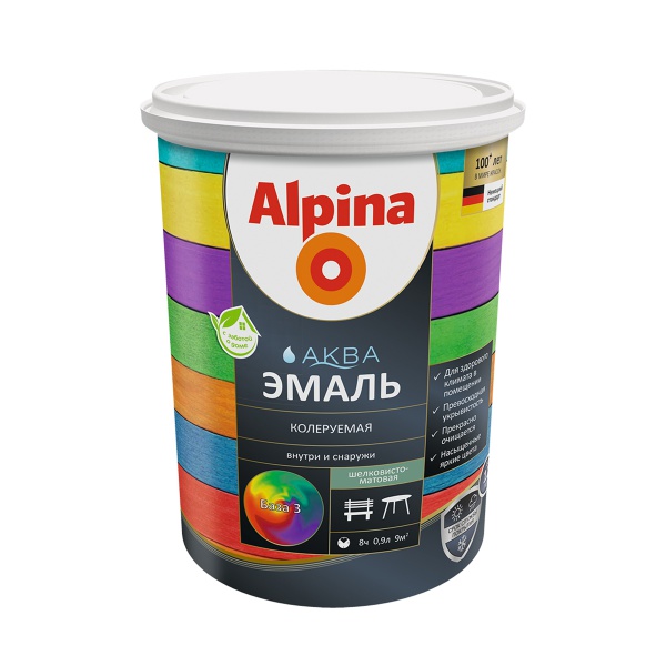 ЭМАЛЬ АКРИЛОВАЯ Alpina Аква, шелковисто-матовая, база 1, белая, 0,9л