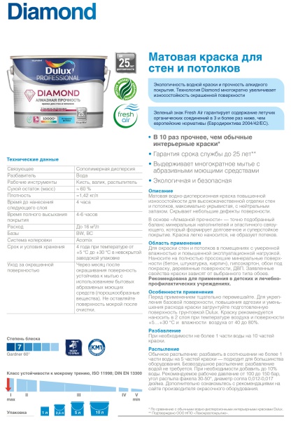 DULUX DIAMOND АЛМАЗНАЯ ПРОЧНОСТЬ краска для стен и потолков, износостойкая, матовая, база BW (1л)