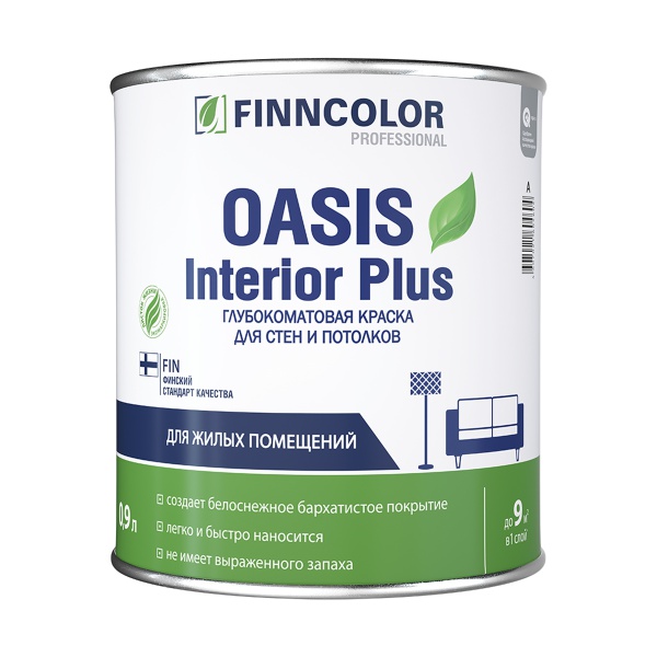 Краска для стен и потолков влажных помещений Oasis Interior Plus FINNCOLOR 0,9л белый (база А)