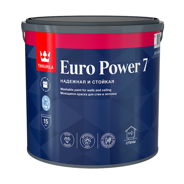 Краска моющаяся для стен и потолков Euro Power-7 (Евро-7) TIKKURILA 2,7л белый (база А)