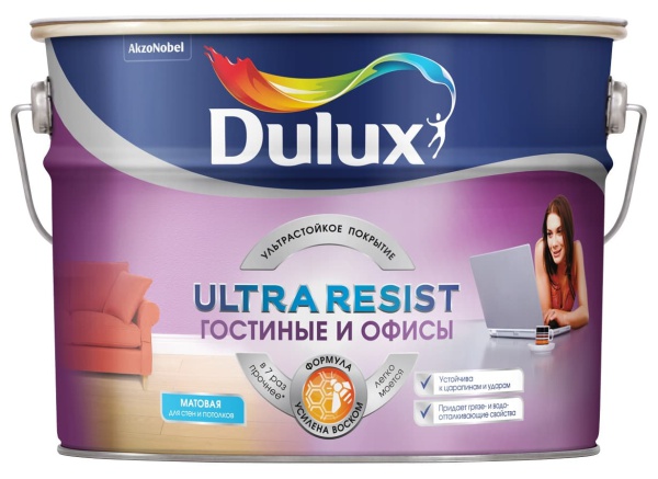 DULUX ULTRA RESIST ГОСТИНЫЕ И ОФИСЫ краска интерьерная, усилена воском, матовая, база BC (9л)
