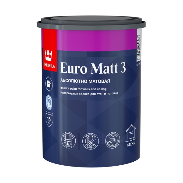 Краска интерьерная Euro Matt-3 (Евро-3) TIKKURILA 0,9л бесцветный (база С)