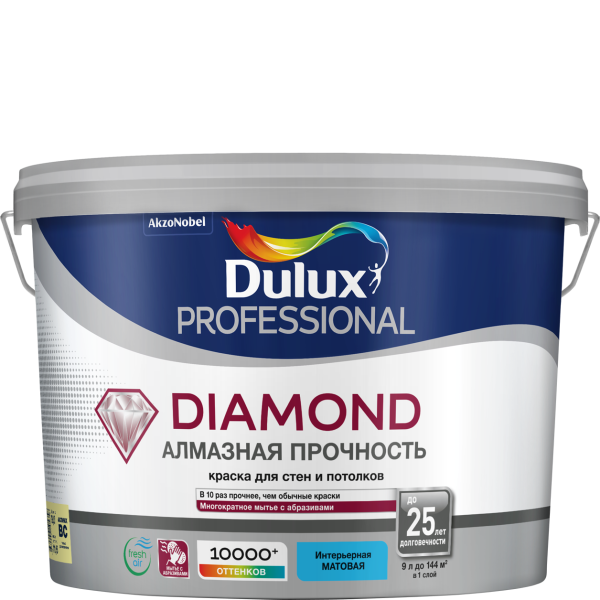 DULUX DIAMOND АЛМАЗНАЯ ПРОЧНОСТЬ краска для стен и потолков, износост., матовая, база BW (9л)