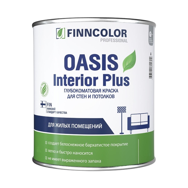 Краска для стен и потолков влажных помещений Oasis Interior Plus FINNCOLOR 2,7л белый (база А)