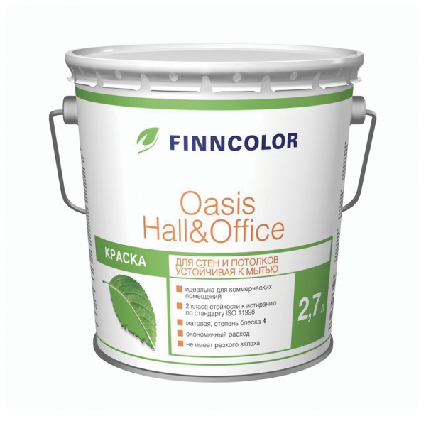 Краска для стен и потолков моющаяся Oasis Hall@Office FINNCOLOR 0,9л бесцветный (база С)