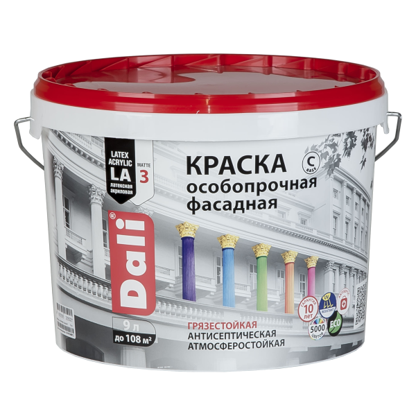Краска фасадная особопрочная Dali, акриловая, глубокоматовая, база C, бесцветная, 9 л