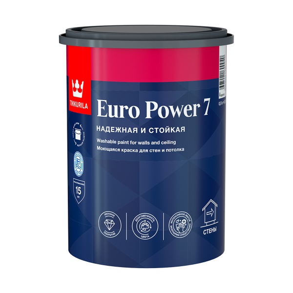 Краска моющаяся для стен и потолков Euro Power-7 (Евро-7) TIKKURILA 0,9л белый (база А)