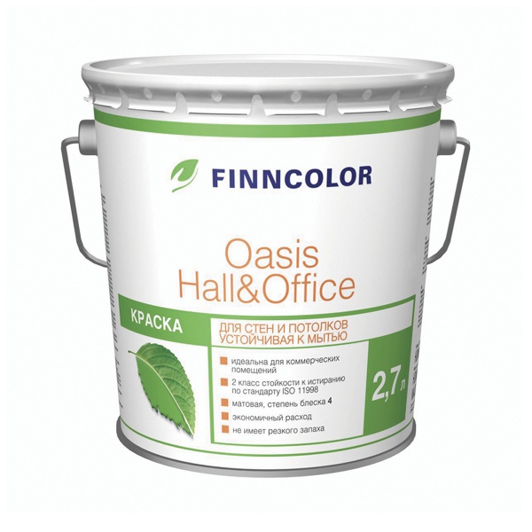 Краска для стен и потолков моющаяся Oasis Hall@Office FINNCOLOR 2,7л бесцветный (база С)